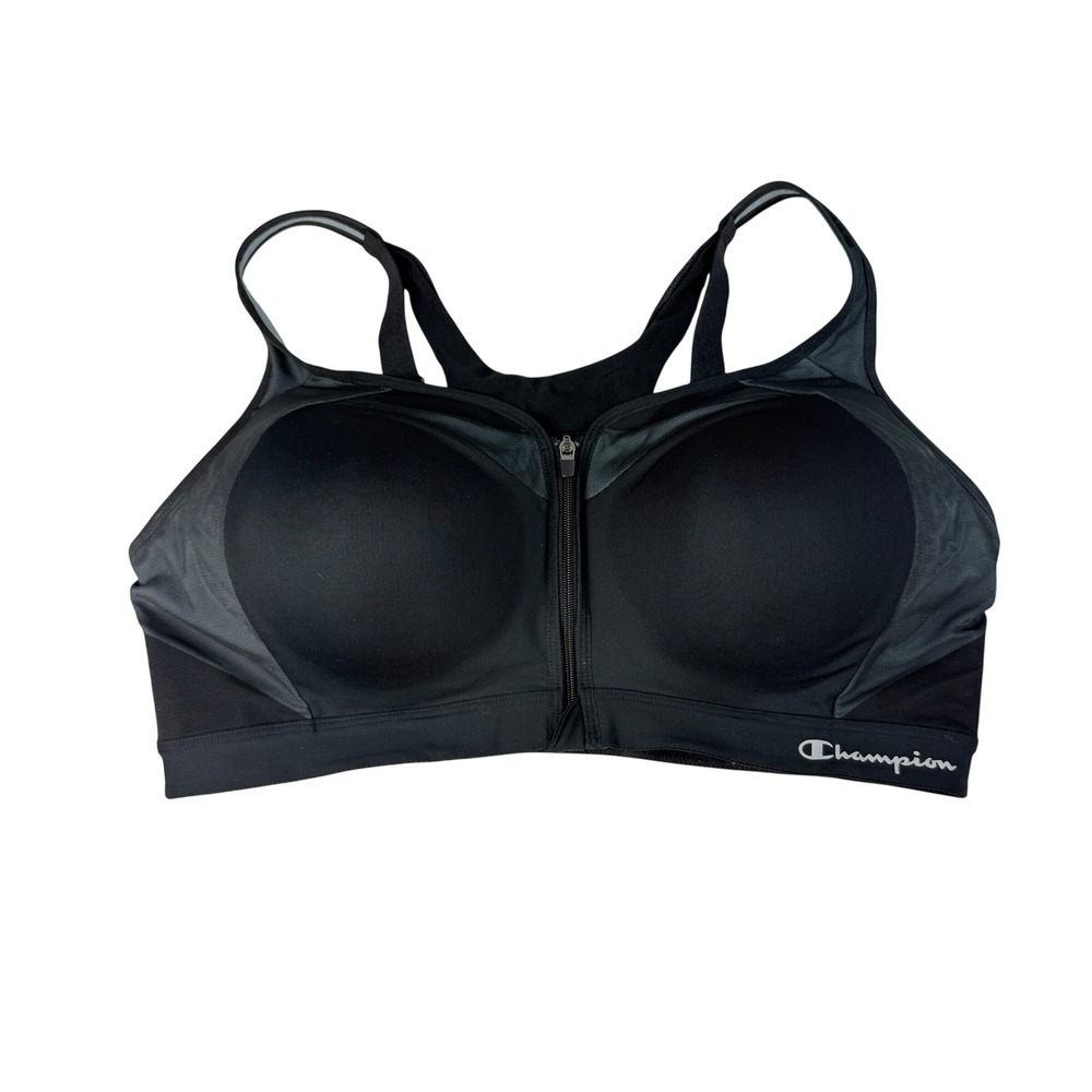Champion Womens 40DD Sports Bra Black Front Zip High Impact Racerback Athletic